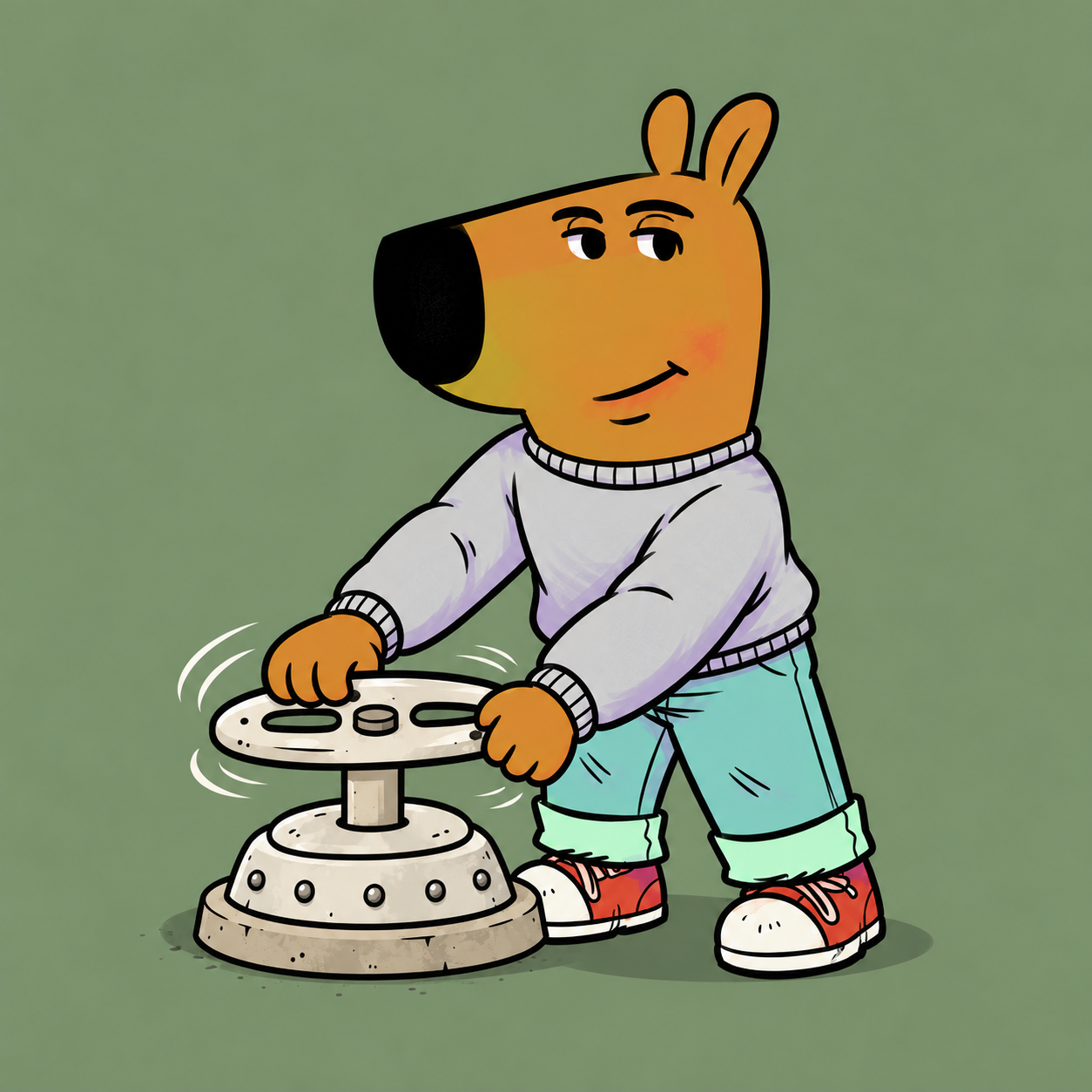 The original Chill Guy leaning over a floor-mounted industrial valve in a gray sweater, turquoise jeans and red sneakers